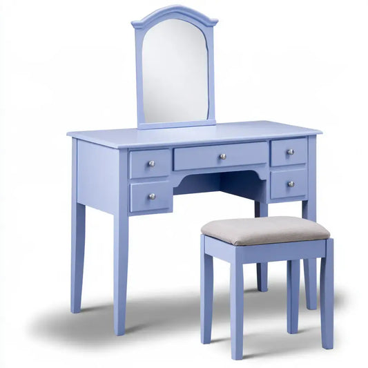 Tocador con espejo arqueado y taburete acolchado - azul