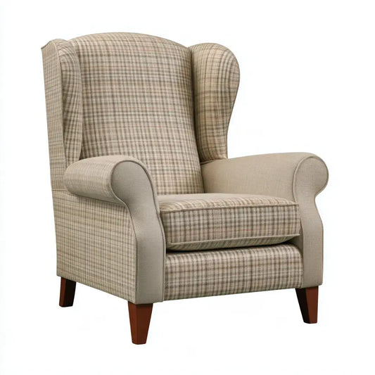 Sillón orejero con tapizado de cuadros - beige
