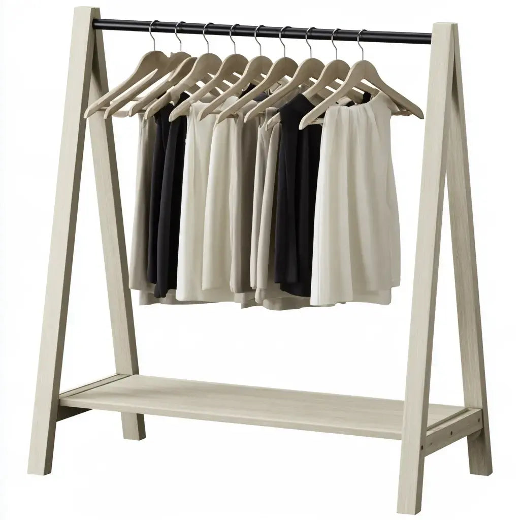 Perchero con estructura triangular y estante bajo - gris