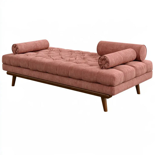 Diván con cojines cilíndricos y patas finas - rosa